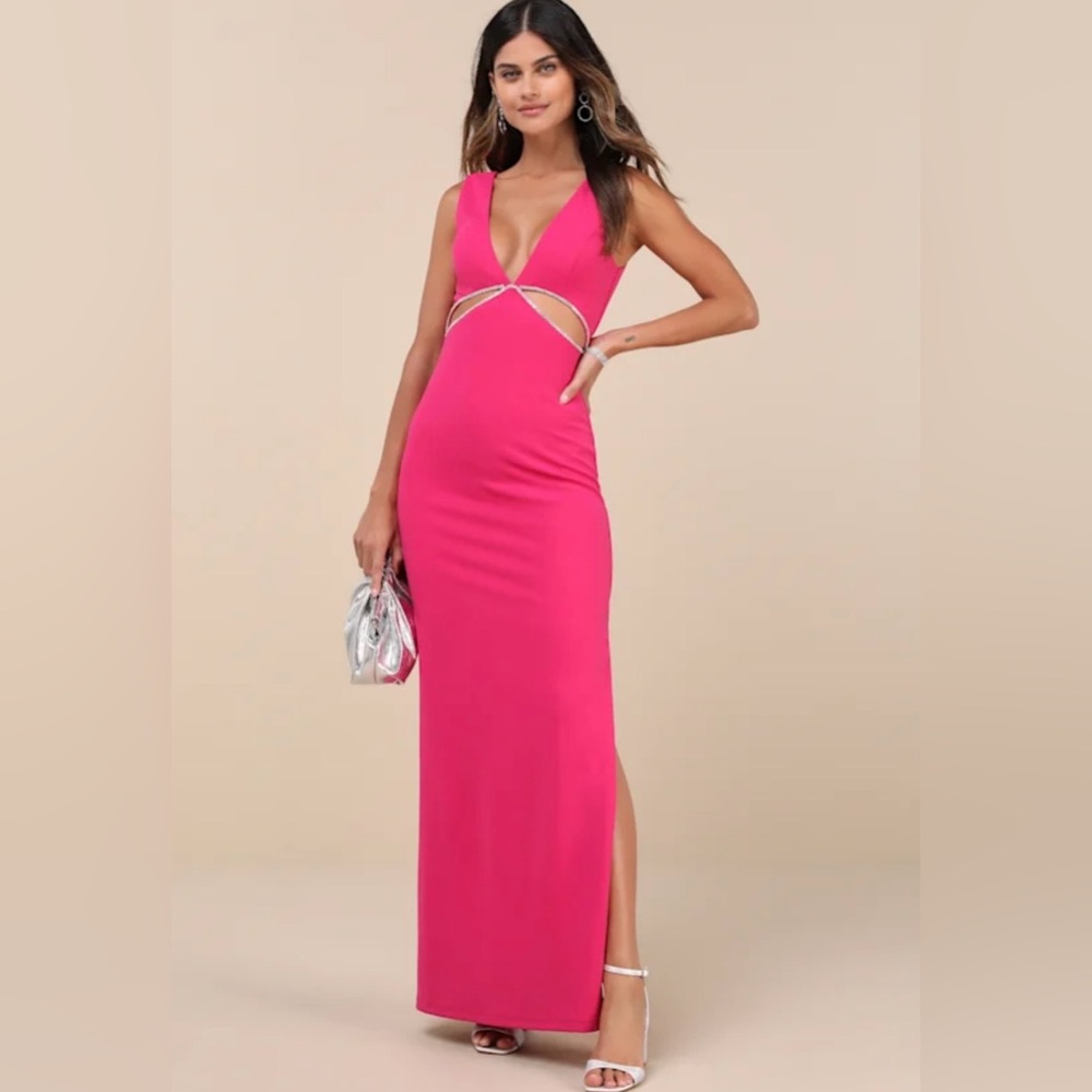 Lulus Hot Pink Sleeveless Rhinestone Cutout Maxi Dress